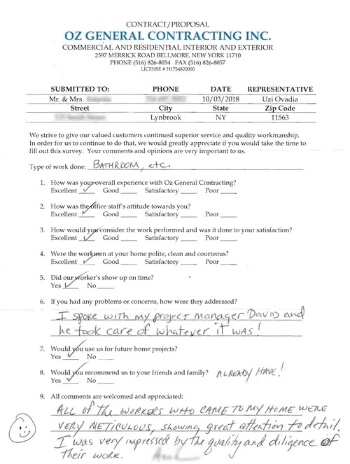 Client testimonial survey for OZ General Contracting Co. Inc., highlighting positive feedback on service quality, attention to detail, and customer satisfaction.