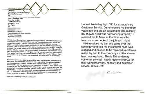 Client testimonial highlighting exceptional service from OZ General Contracting Co. Inc., detailing bathroom remodeling experience and prompt customer care.