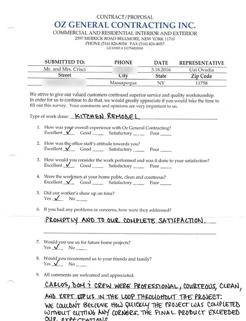 Client feedback survey form for OZ General Contracting Co. Inc. highlighting customer satisfaction and service quality.