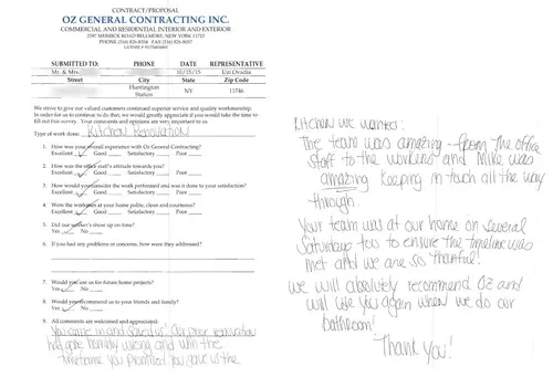 Client feedback form for OZ General Contracting Inc. highlighting positive testimonials about service quality and project satisfaction.