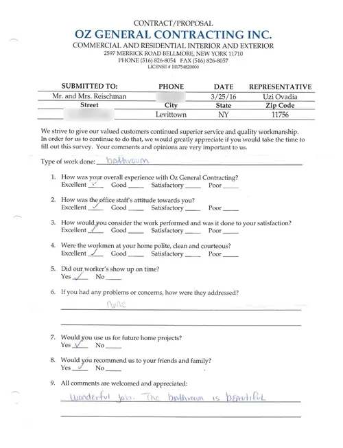 OZ General Contracting customer survey form featuring feedback from Mr. and Mrs. Reischman, highlighting overall experience, service quality, and satisfaction regarding bathroom work.