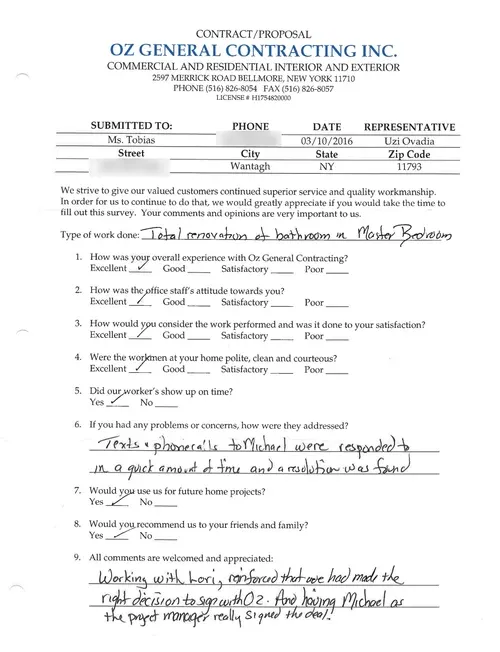 Client feedback form for OZ General Contracting Co. Inc., highlighting a bathroom renovation project, with ratings and comments on service quality and project management.