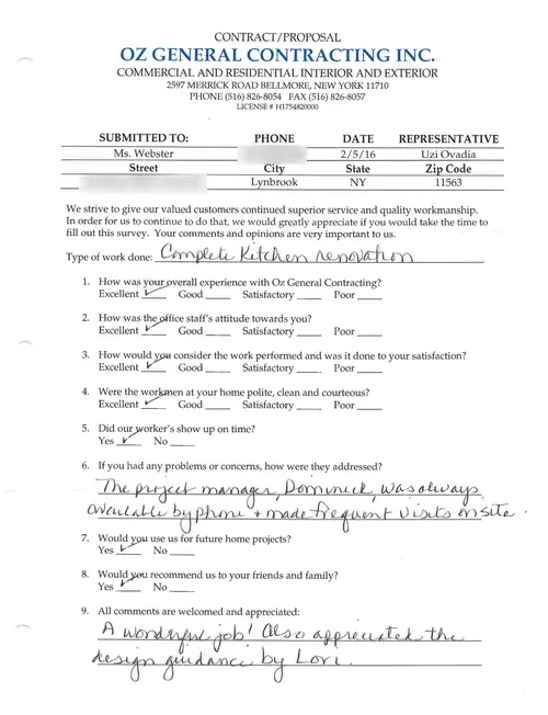 Client feedback survey for OZ General Contracting Inc., highlighting satisfaction with kitchen renovation services, including ratings and comments on overall experience, staff attitude, and project management.