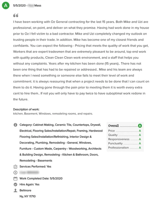 Client testimonial highlighting positive experiences with OZ General Contracting Co. Inc., emphasizing professionalism, quality work, and customer satisfaction in home remodeling projects.