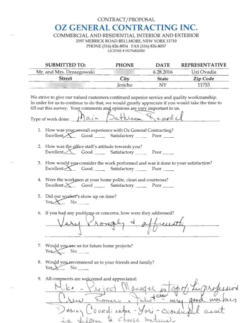 Customer survey form for OZ General Contracting Co. Inc. highlighting client feedback on service quality and satisfaction, emphasizing positive experiences and recommendations.