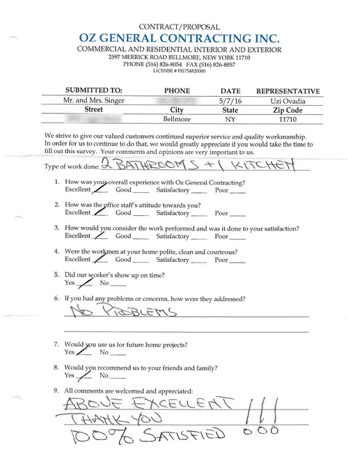 Customer survey form for OZ General Contracting Co. Inc. detailing feedback from Mr. and Mrs. Singer, highlighting satisfaction with bathroom and kitchen work, and overall excellent service.