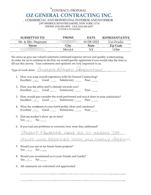 Client feedback form for OZ General Contracting Inc. detailing a complete kitchen renovation, showcasing customer satisfaction ratings and comments on service quality.