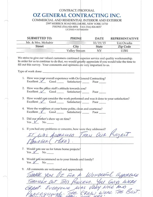 Client testimonial form for OZ General Contracting, highlighting customer satisfaction and quality service feedback.