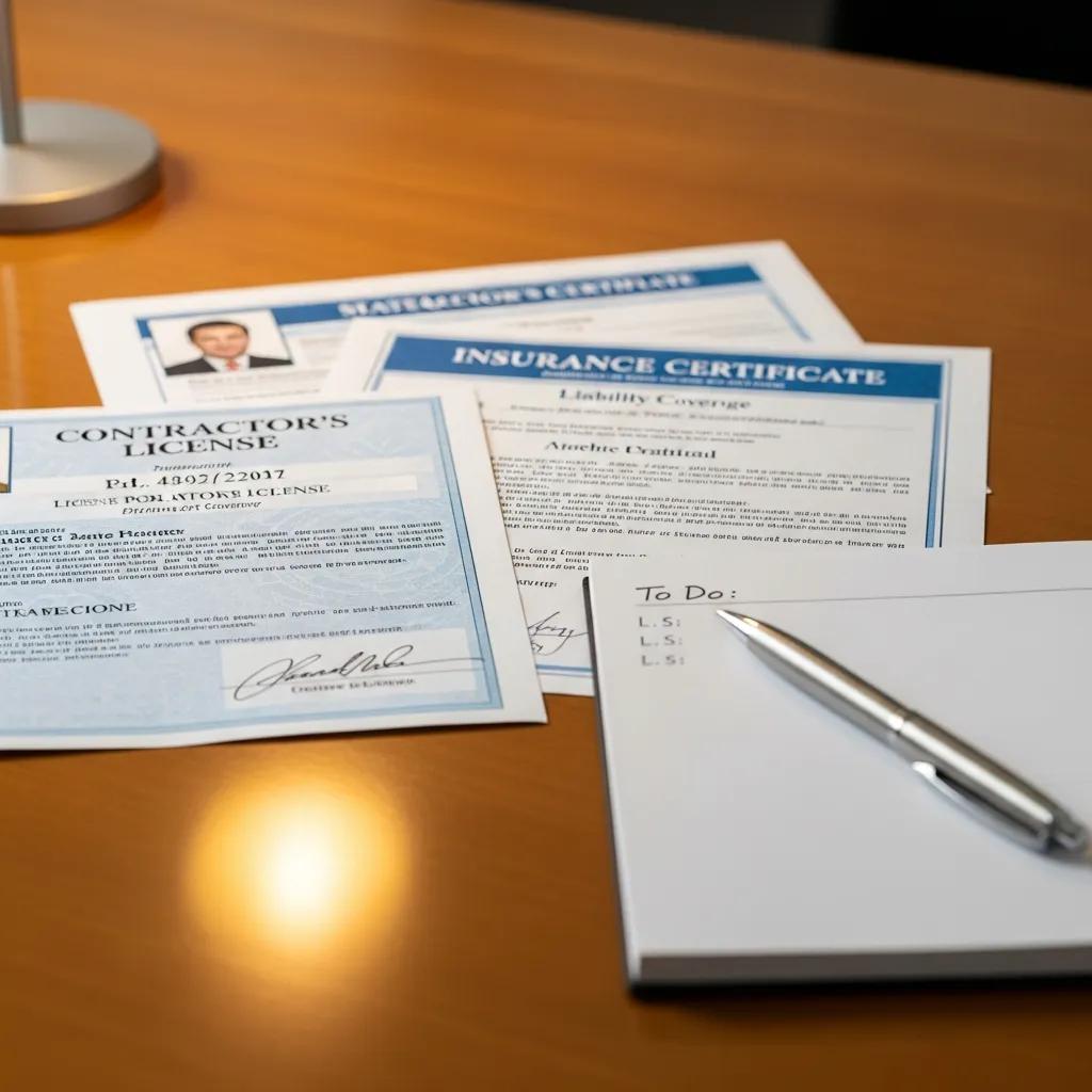 Close-up of contractor's license and insurance documents on a desk
