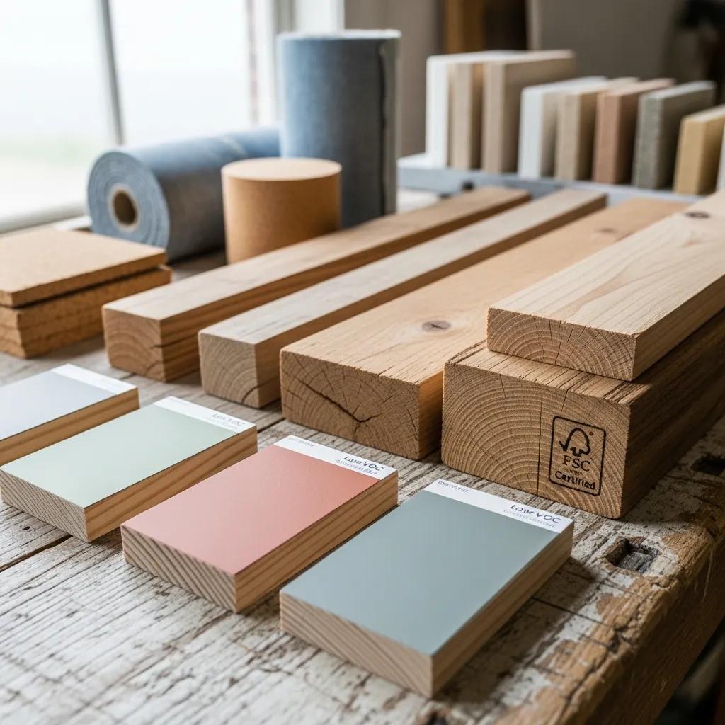 Close-up of low-VOC paints and recycled building materials in a workshop