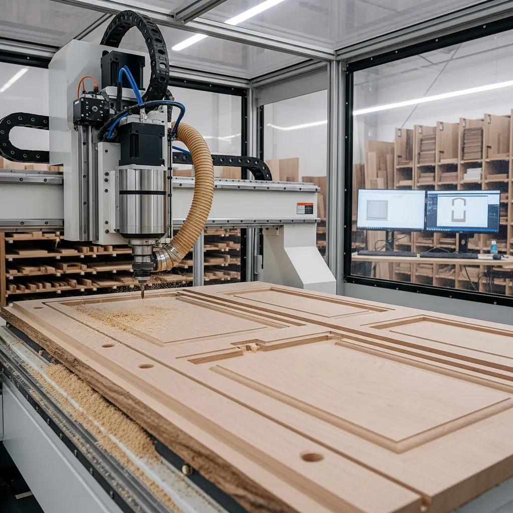 CNC machine cutting wood for custom cabinet fabrication showcasing modern technology