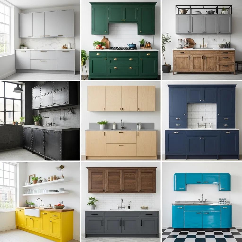 Collage of popular kitchen cabinet styles for 2026, highlighting modern design trends