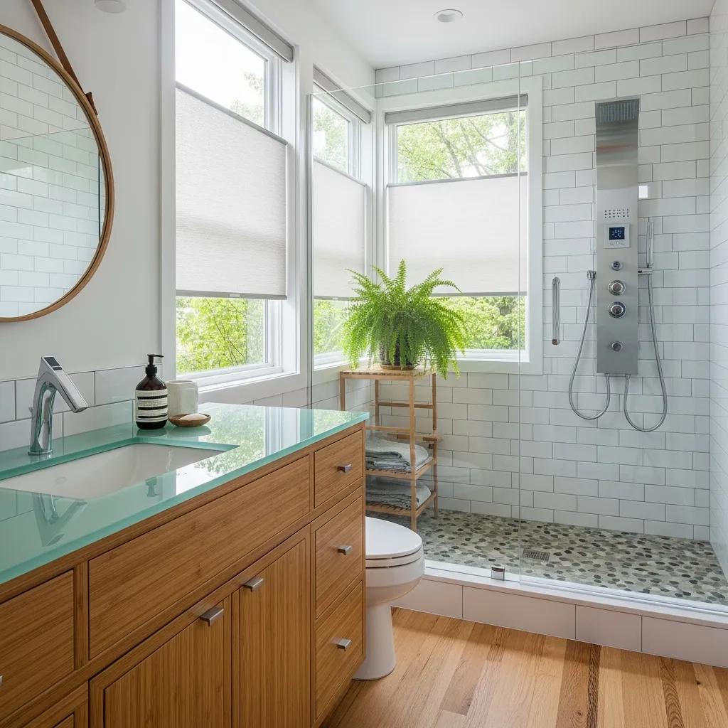 Eco-friendly bathroom design with sustainable materials and smart technologies