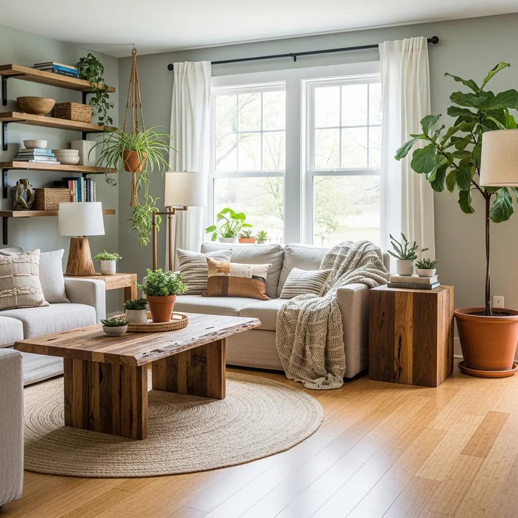 Eco-friendly living room with reclaimed wood furniture and bamboo flooring