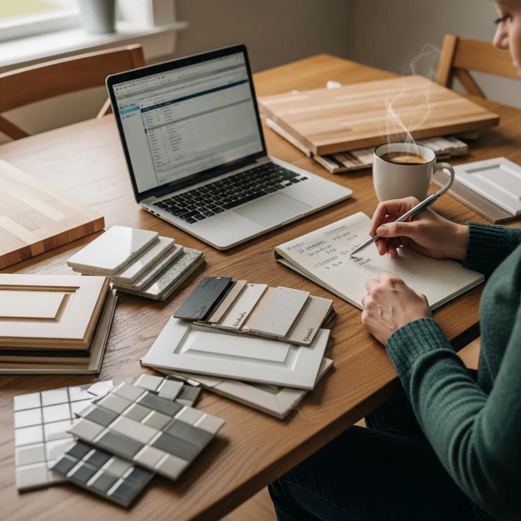 Homeowner planning kitchen renovation budget with materials samples