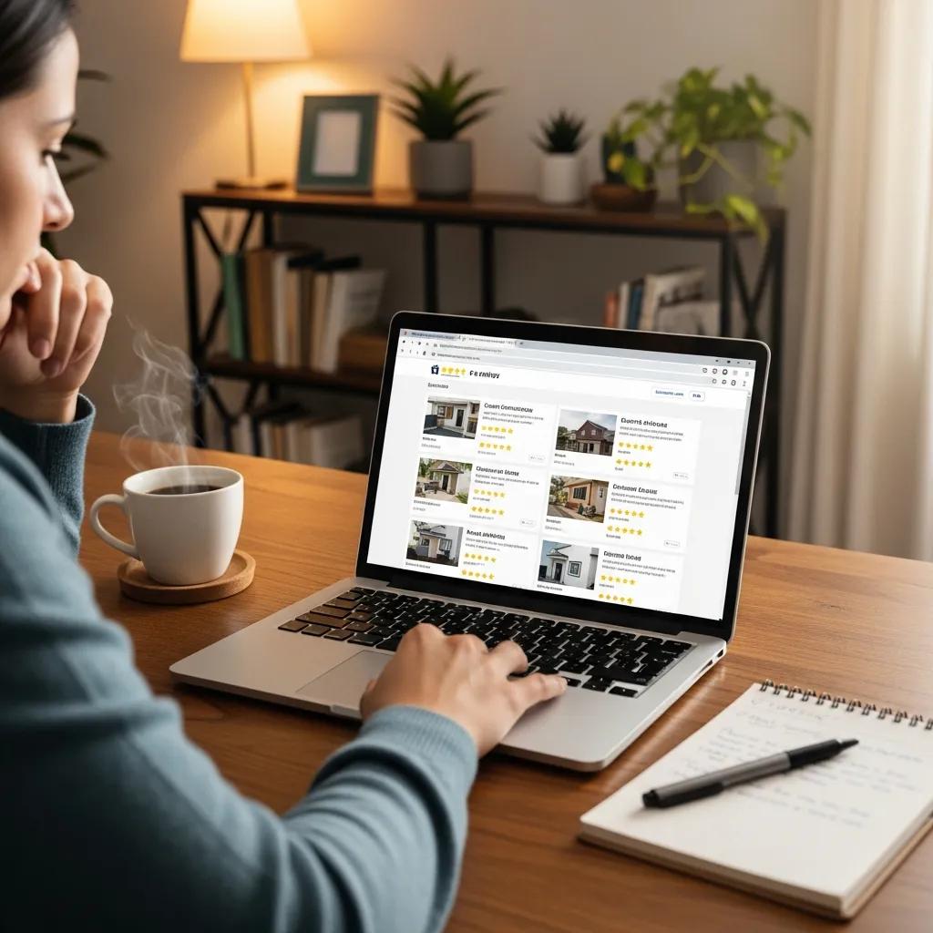 Person reading online reviews about contractors in a cozy home office