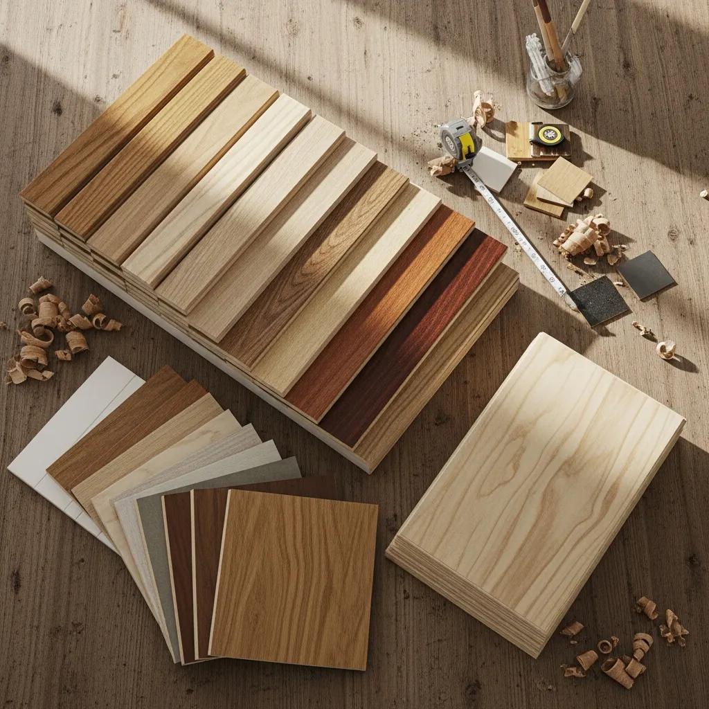 Samples of hardwood, laminate, and plywood materials for custom kitchen cabinets