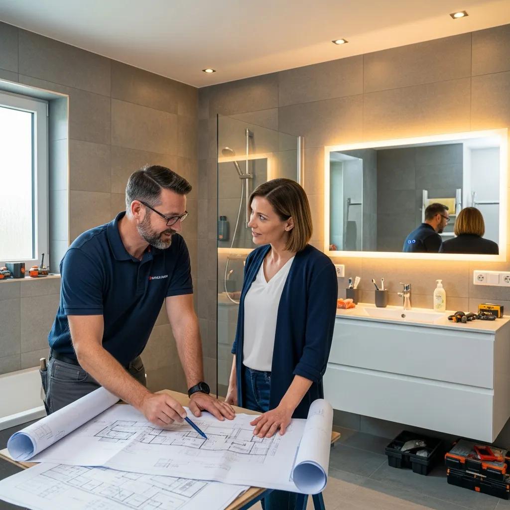 Contractor consulting with homeowner about bathroom renovation plans, reviewing blueprints in a modern bathroom setting.