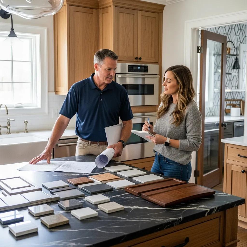 Contractor discussing kitchen renovation plans with homeowner, reviewing materials and design options on a countertop.