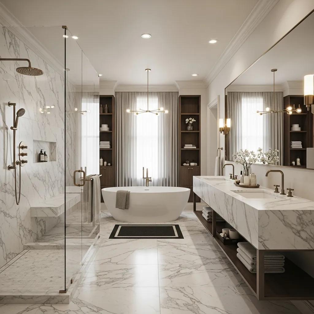 Luxury bathroom with marble and porcelain tiles, modern fixtures, and elegant design