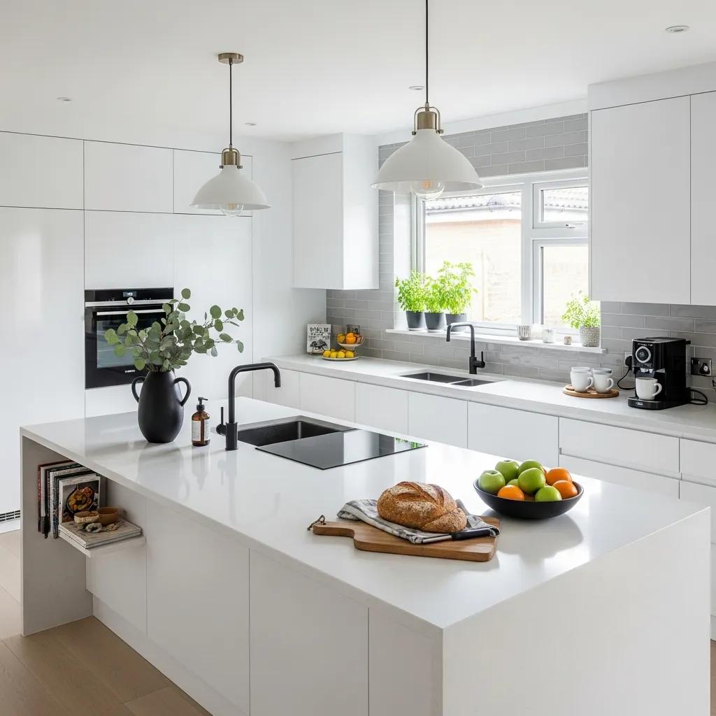 Modern kitchen design featuring sleek white cabinets, stylish countertops, and a central island with fresh fruit and baked goods, ideal for Long Island homeowners considering renovations.
