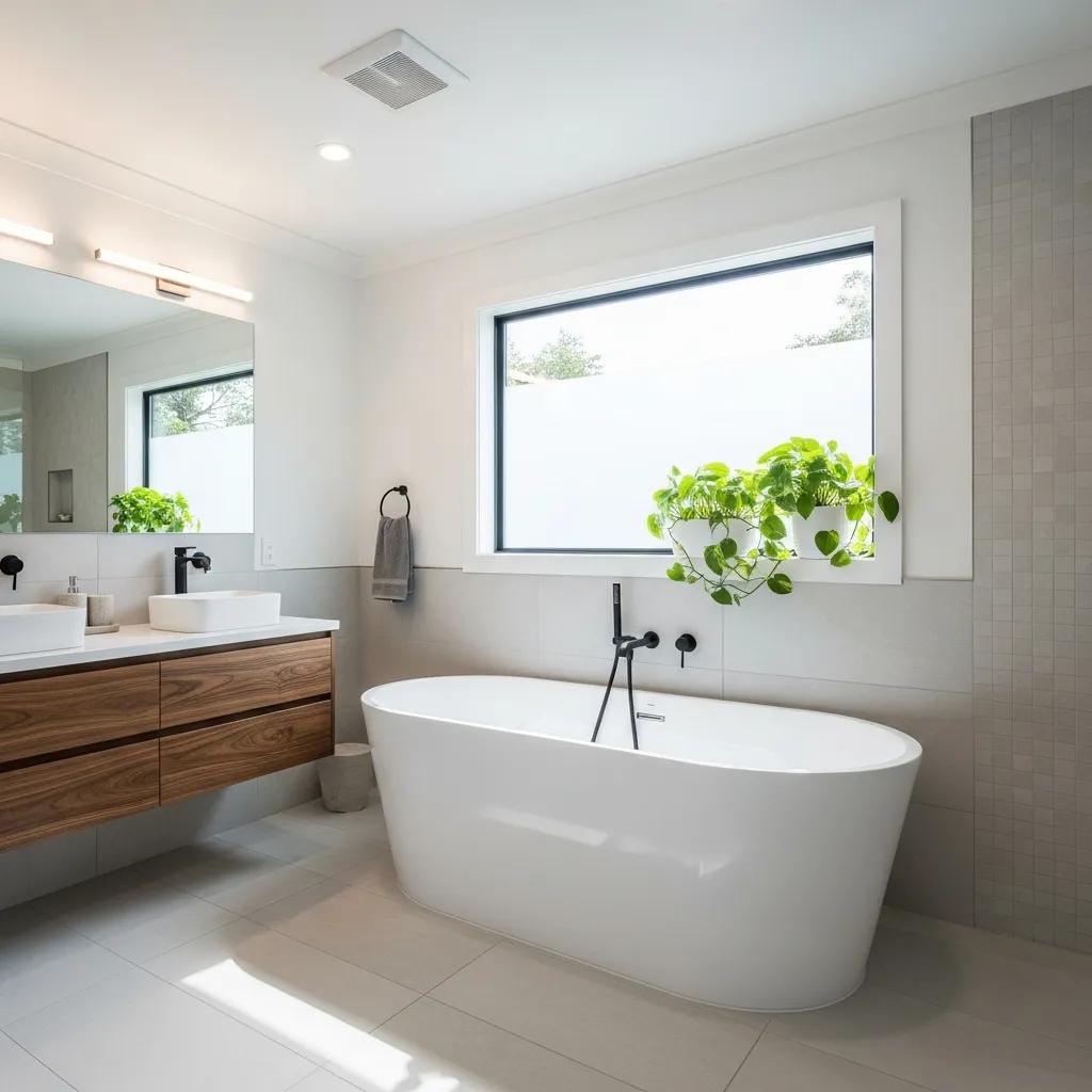 Modern renovated bathroom featuring stylish fixtures, a freestanding bathtub, dual sinks, natural light from a large window, and greenery for an eco-friendly touch.