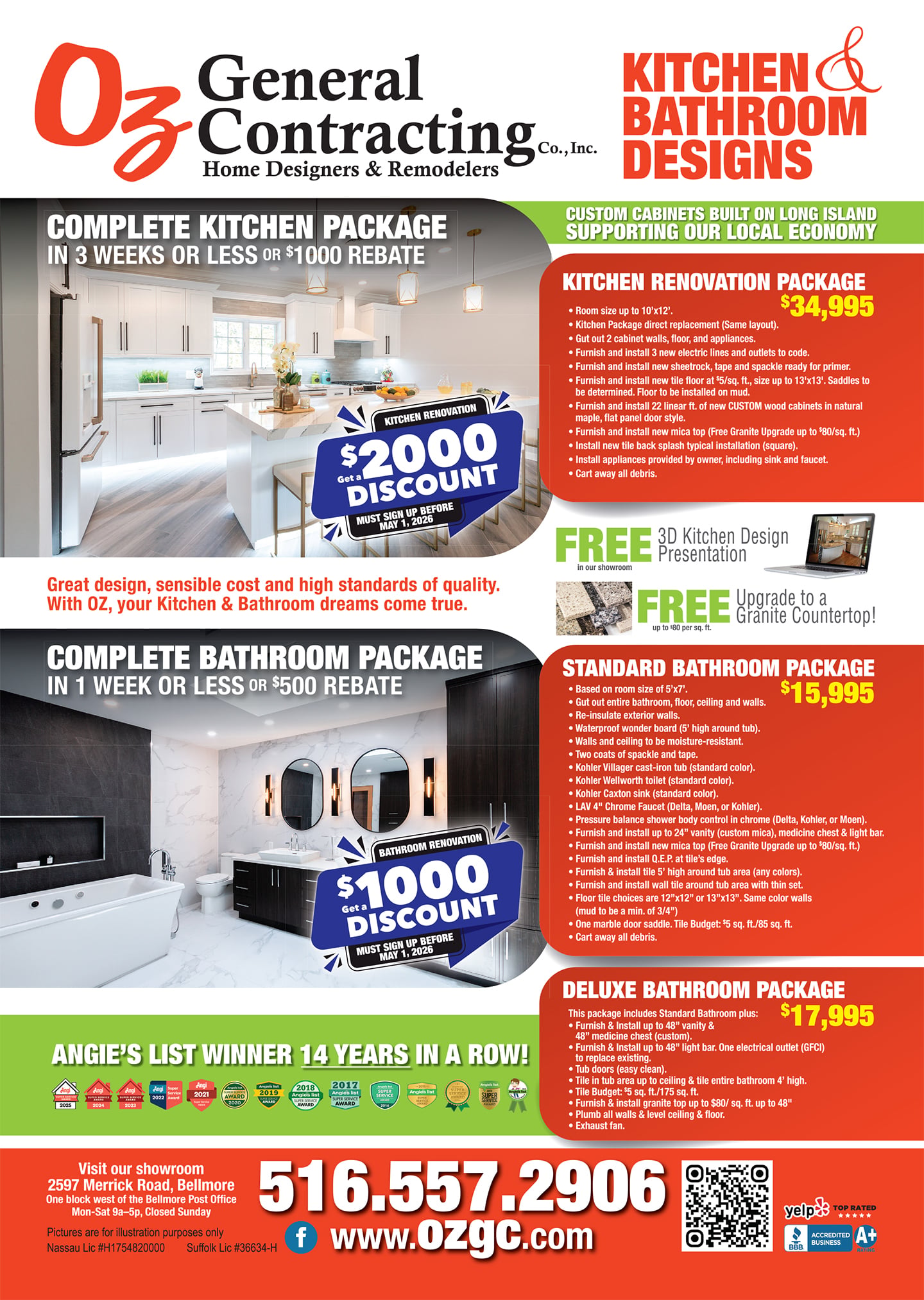 OZ General Contracting promotional image showcasing kitchen and bathroom renovation packages, featuring complete kitchen and bathroom package details, discount offers, and contact information.