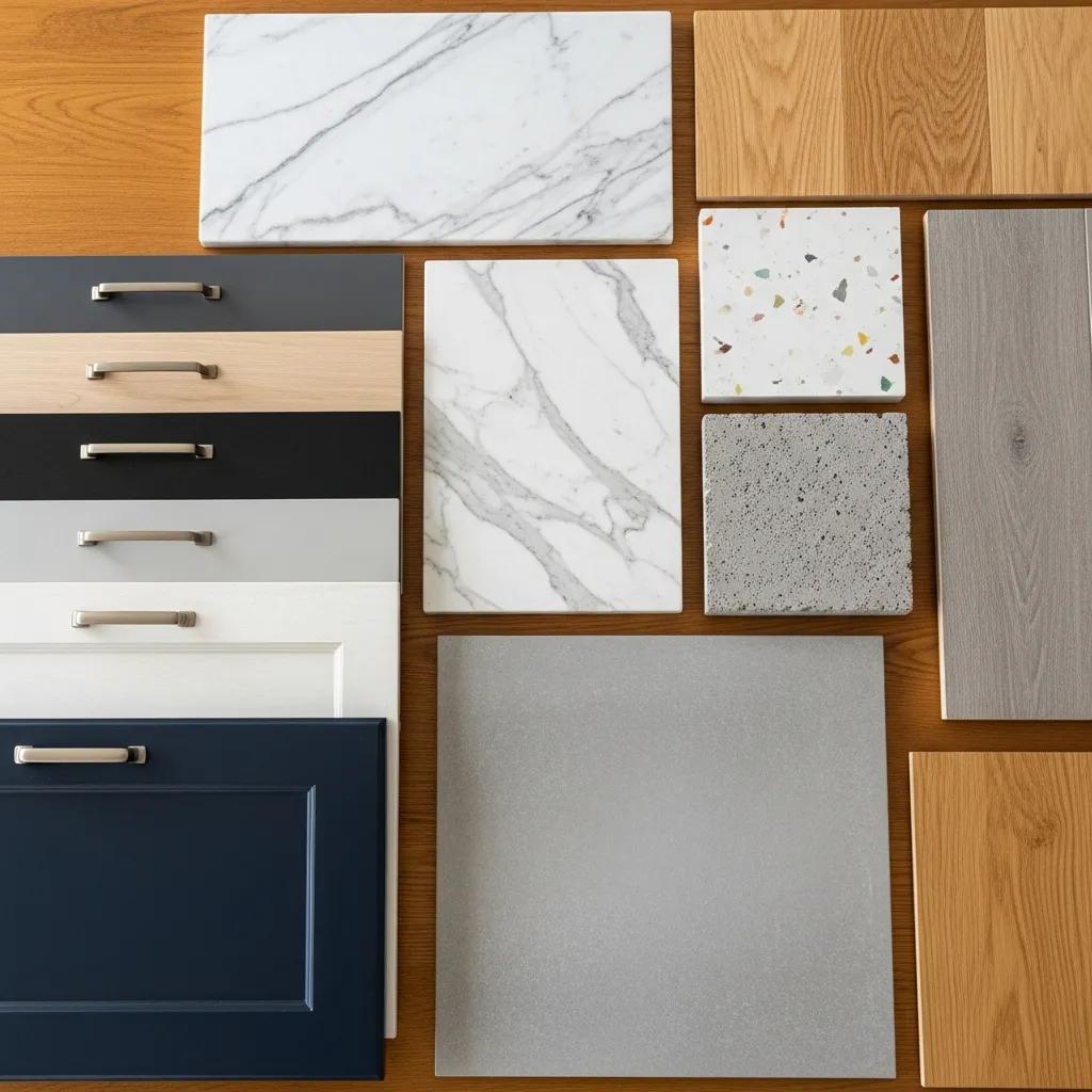 Samples of kitchen materials including cabinetry options, countertops in various finishes, and flooring selections, showcasing high-end design choices relevant to kitchen renovations.