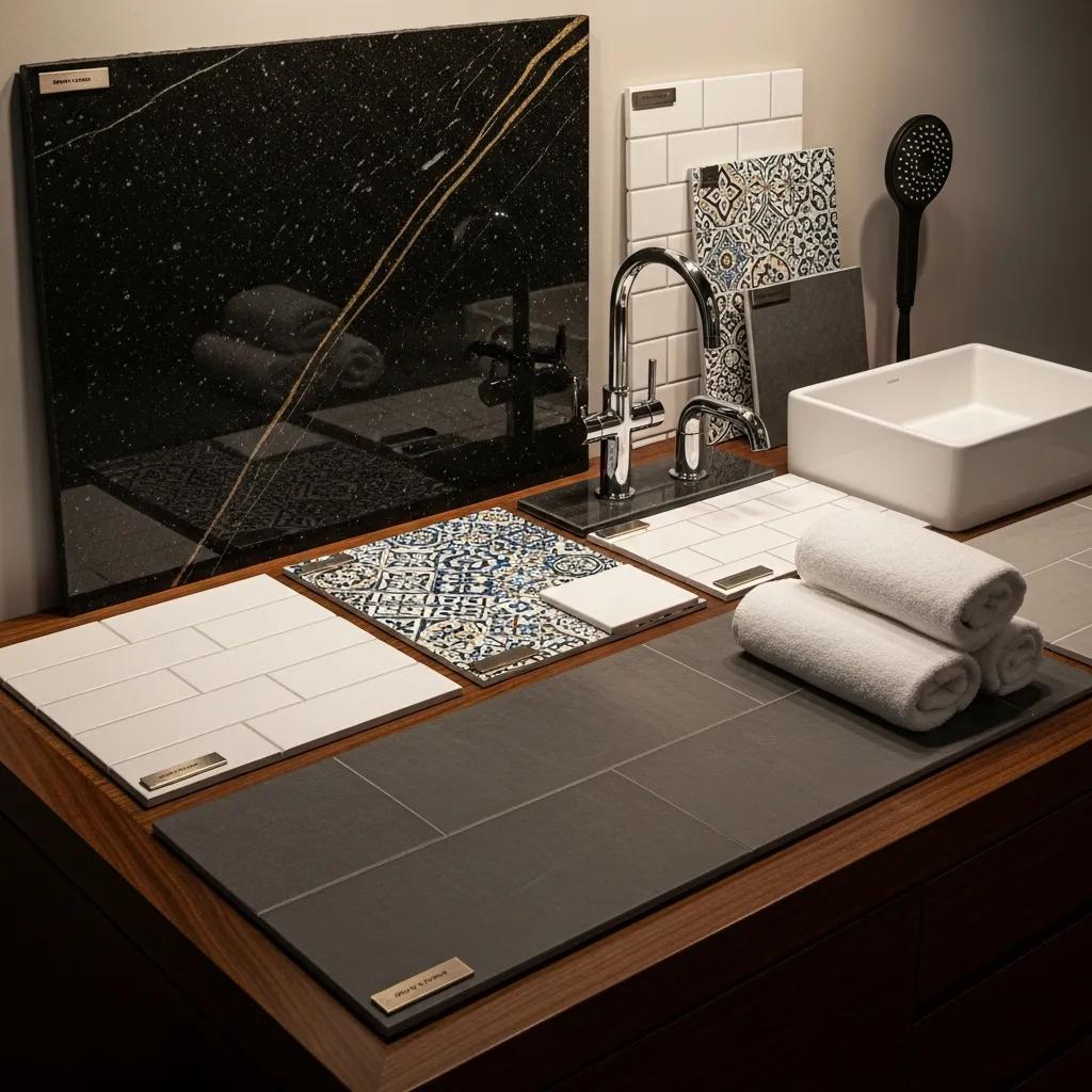 Selection of high-quality bathroom materials including granite countertop, decorative tiles, and sleek faucet, showcasing options for renovation in Long Island.
