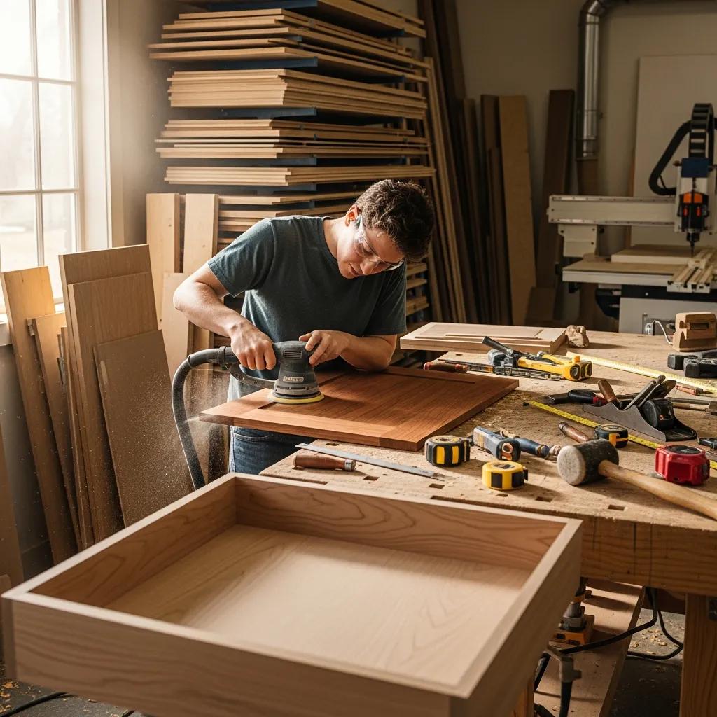 Artisan crafting custom cabinetry with precision tools in a workshop setting