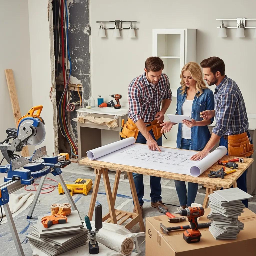 Contractors discussing plans with homeowners during bathroom remodeling