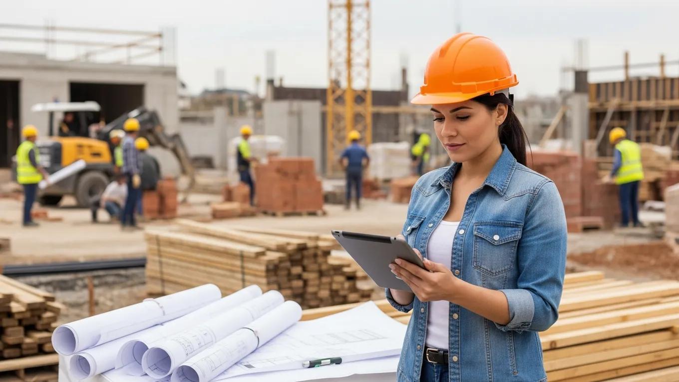 General contractor reviewing project plans and schedules at a construction site