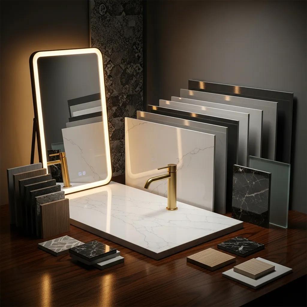 High-end bathroom materials including quartz and ceramic tiles