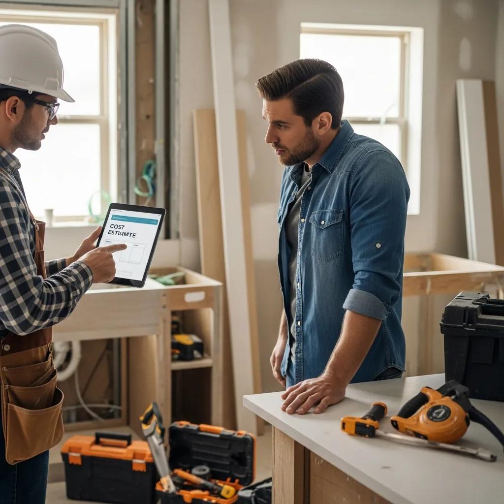Homeowner consulting with contractor about kitchen remodeling costs