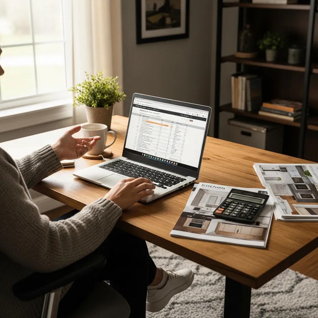 Homeowner reviewing financing options for kitchen renovation in a home office