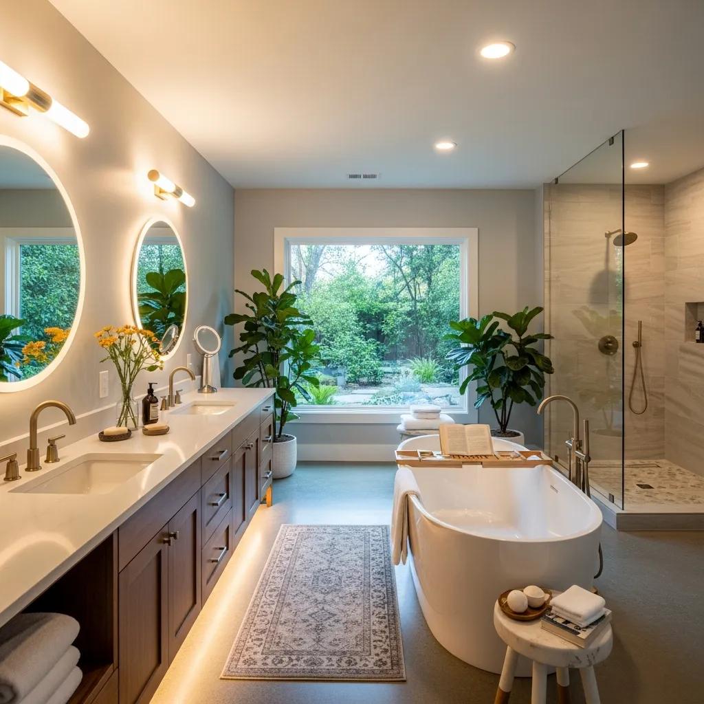 Luxurious bathroom with freestanding tub and quartz countertops