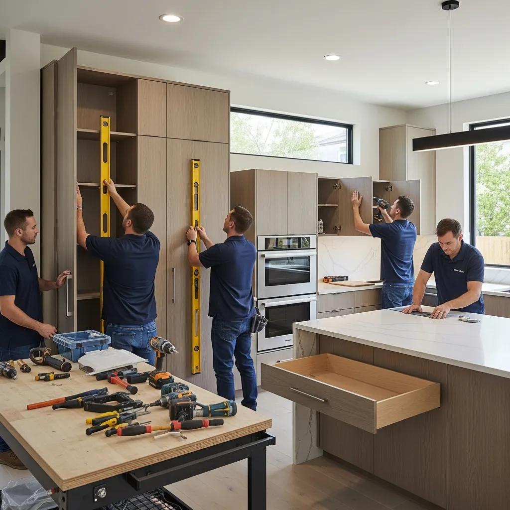 Professional team installing custom cabinetry in a modern kitchen environment