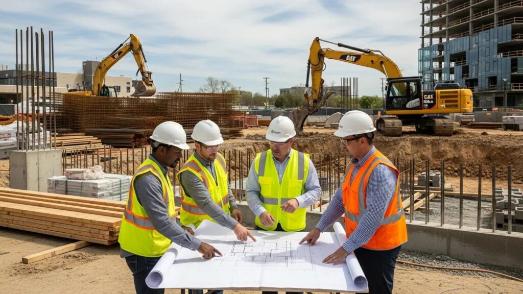 Design-build construction team collaborating on a renovation project