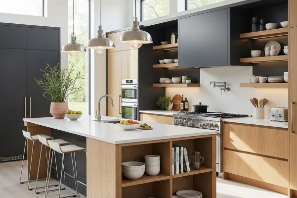 Custom kitchen cabinets in a modern kitchen setting, showcasing craftsmanship and design