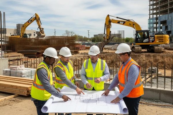 Design-build construction team collaborating on a renovation project