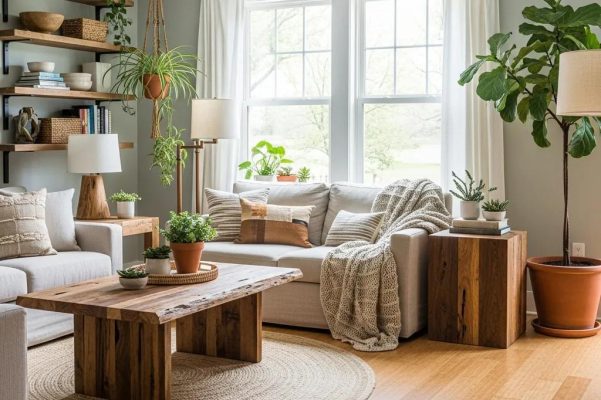 Eco-friendly living room with reclaimed wood furniture and bamboo flooring
