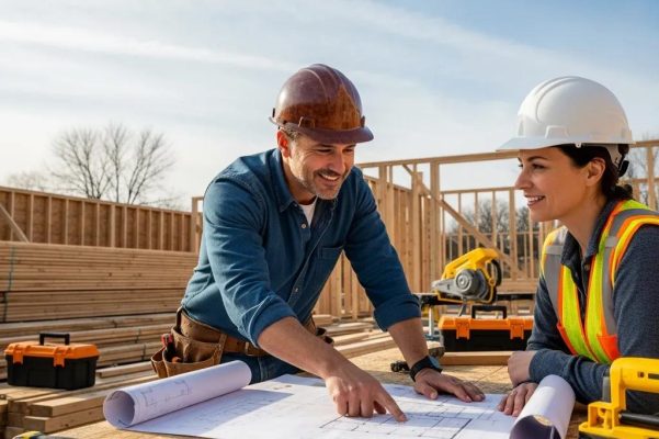 General contractor consulting with homeowner at construction site in Bellmore NY