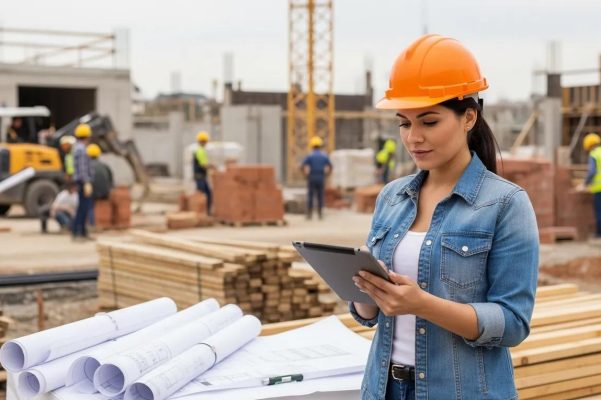 General contractor reviewing project plans and schedules at a construction site
