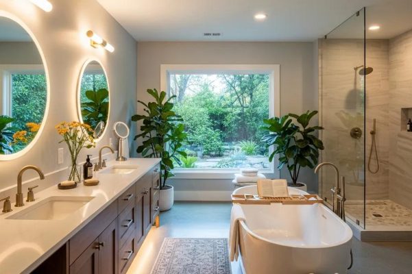 Luxurious bathroom with freestanding tub and quartz countertops