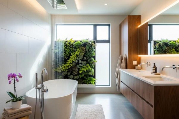Luxurious bathroom with modern fixtures and eco-friendly materials