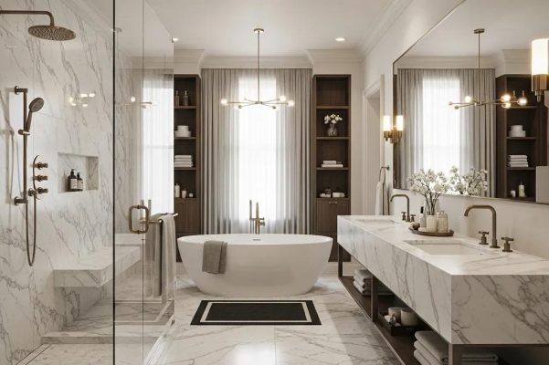 Luxury bathroom with marble and porcelain tiles, modern fixtures, and elegant design