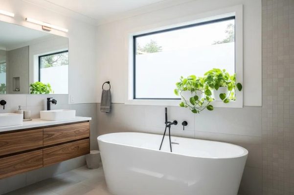 Modern renovated bathroom with stylish fixtures and natural light